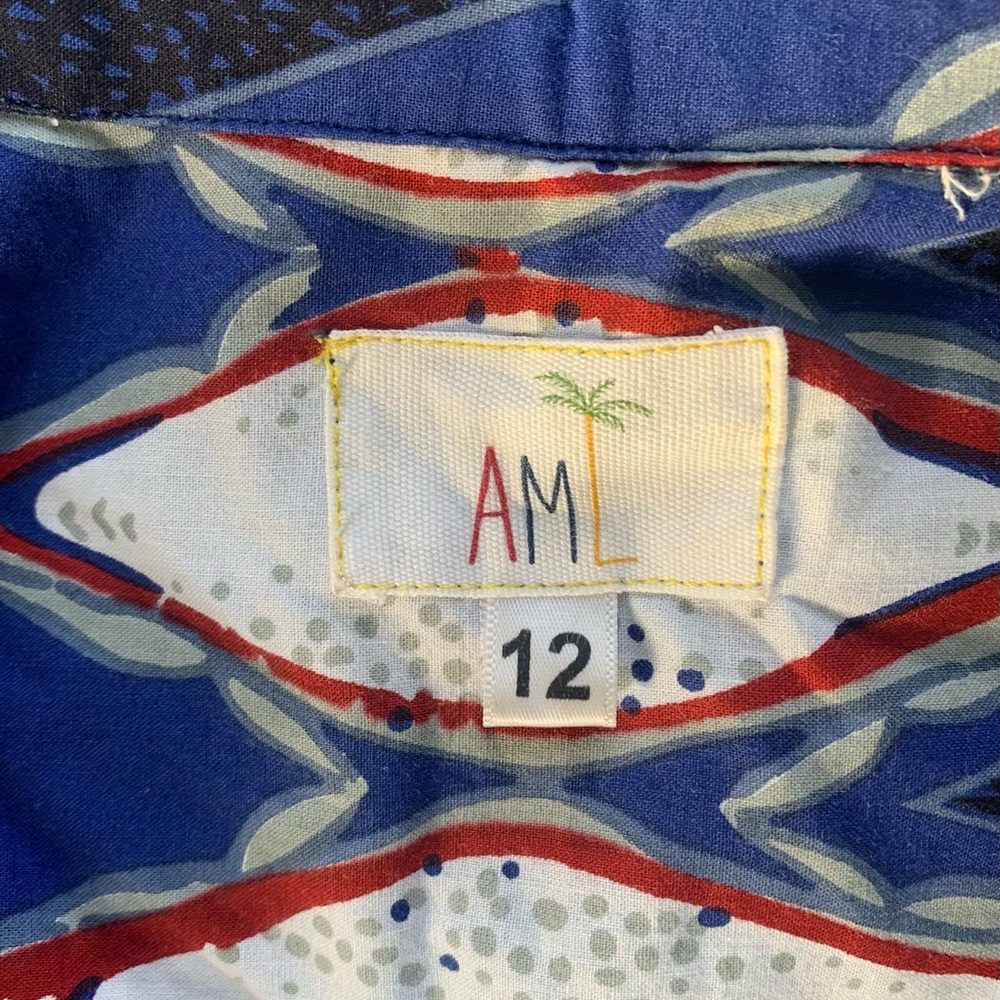 Blue,white & red printed cotton short dress. 2 pockets, shell buttons.